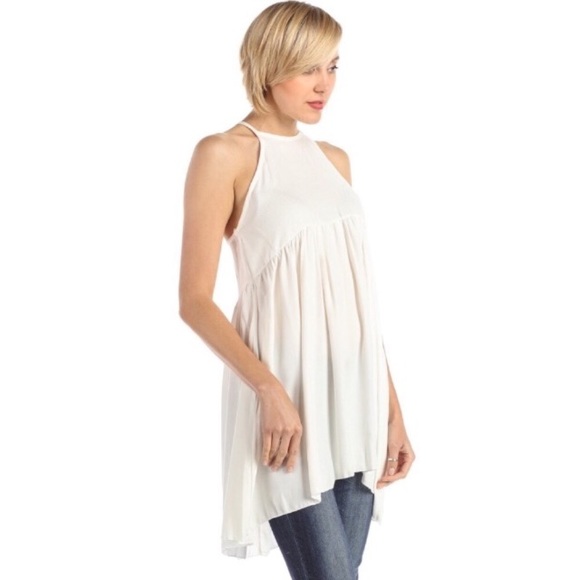 Romantic Boho Mock Halter High Low Baby Doll Tunic Ivory - Picture 2 of 3